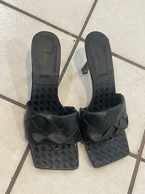 Black Woven Leather High Heel Mules - Women